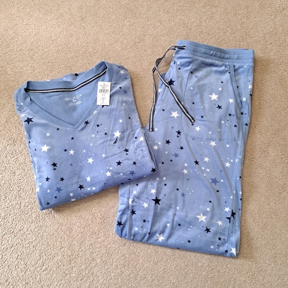 Nautica 2 Piece PJ Set Womens Medium Blue Stars Print Fleece Loungewear Set NWOT - Picture 4 of 16